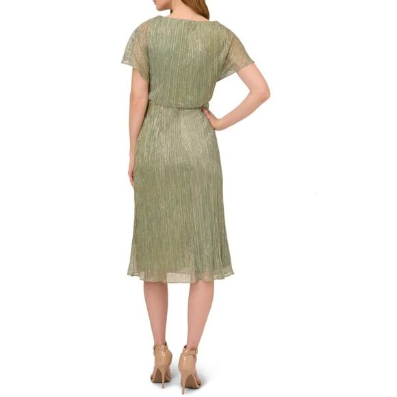 Adrianna Papell Metallic Crinkle Midi Dress Green Slate Size 4 NWT Dressy - Picture 10 of 16